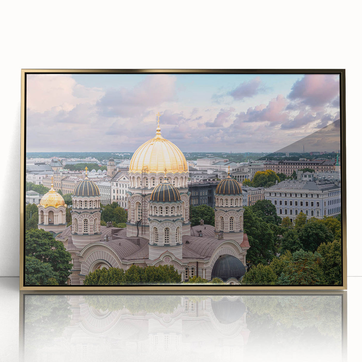 Mid-century modernist art depicting architectural domes in muted gold and beige tones on a framed acrylic print.