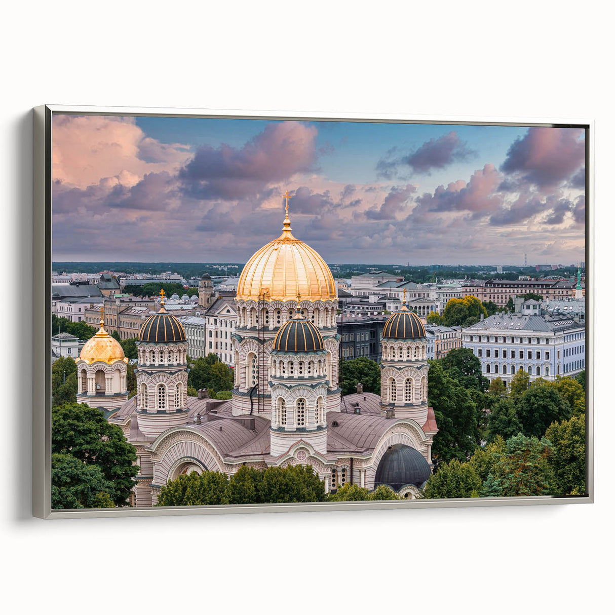 Vintage poster art featuring architectural domes in silver frame, ideal for living room decor.