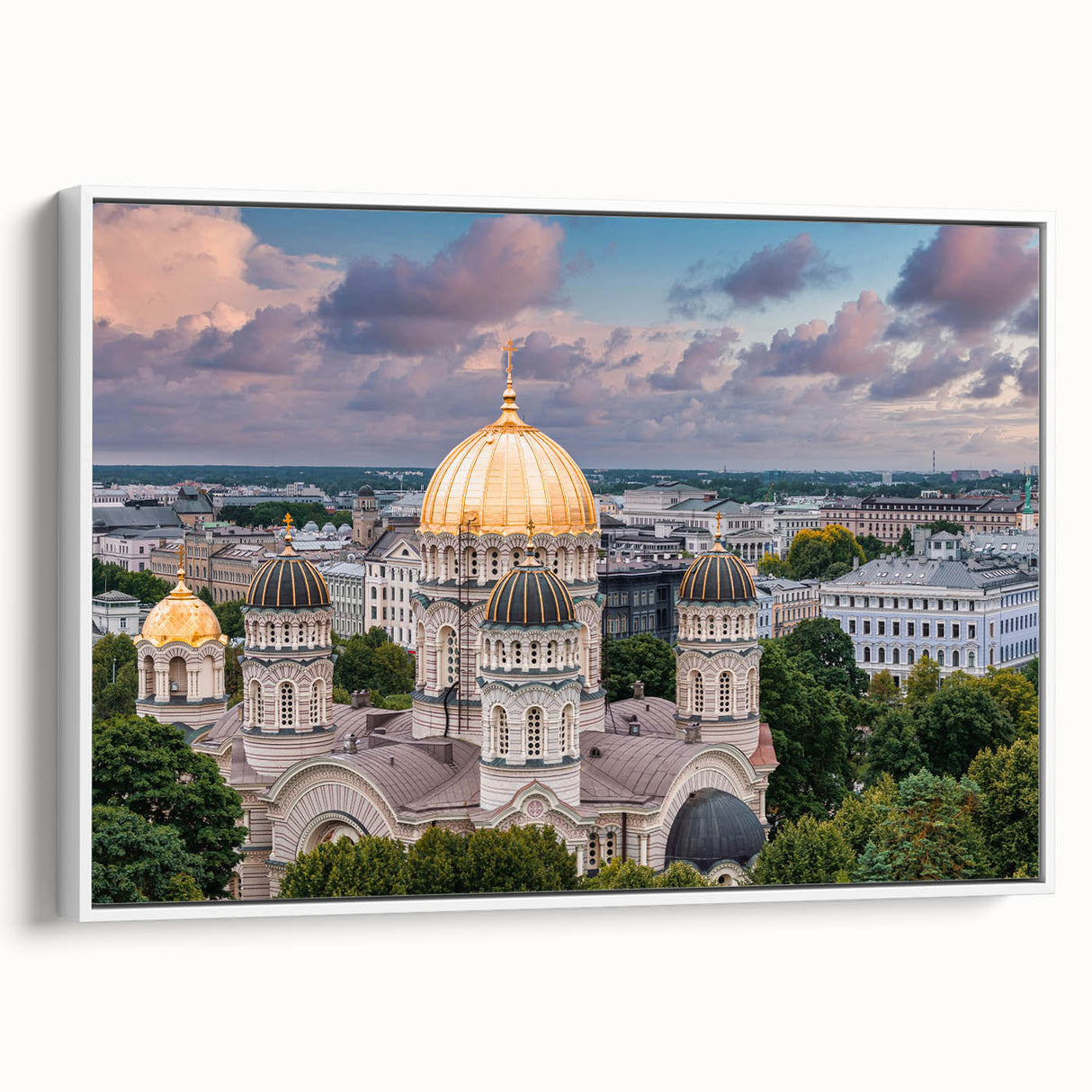 Framed canvas featuring a vintage poster art landscape with black and muted color domes, ideal for bedroom wall decor.