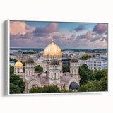 Framed canvas featuring a vintage poster art landscape with black and muted color domes, ideal for bedroom wall decor.