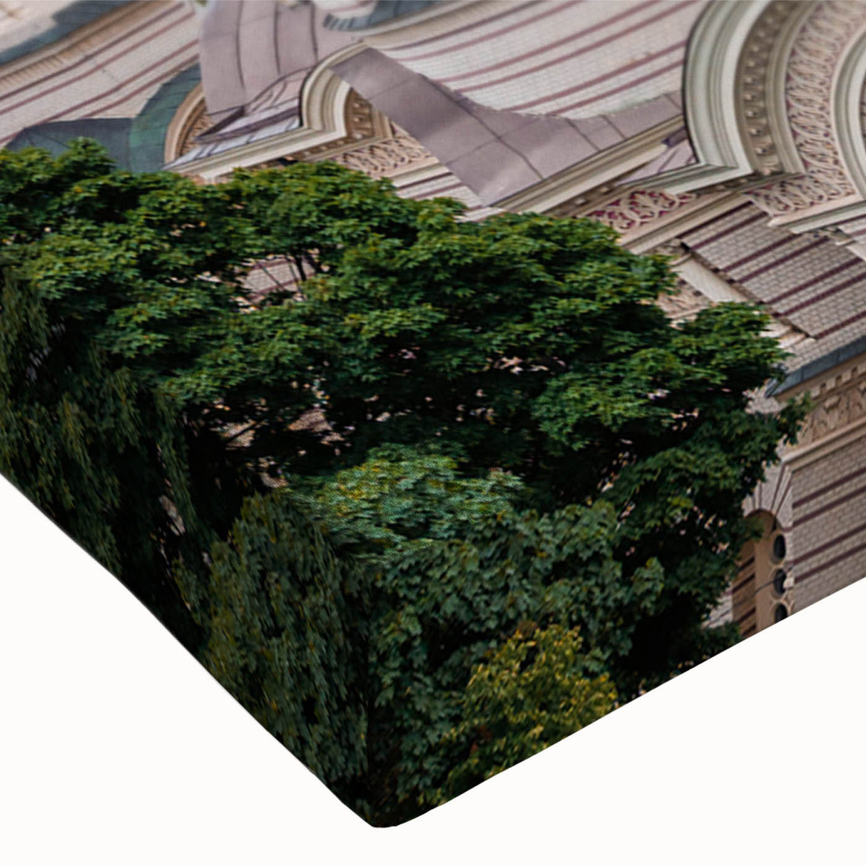 Close-up of a large art piece featuring black and white landscape art paintings of architectural domes on stretched canvas.