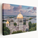 Large art depicting architectural domes in muted beige tones on stretched canvas, ideal for kitchen wall art.