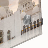 Mid-century modernist large abstract wall art featuring geometric domes in muted gray and blue tones, acrylic glass.