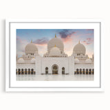 Abstract art prints featuring geometric domes in neutral shades, framed in white, suitable for dining room decor.