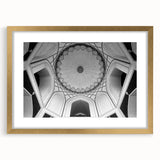 Extra large abstract art print featuring textured gold and white domes, presented in a gold frame.