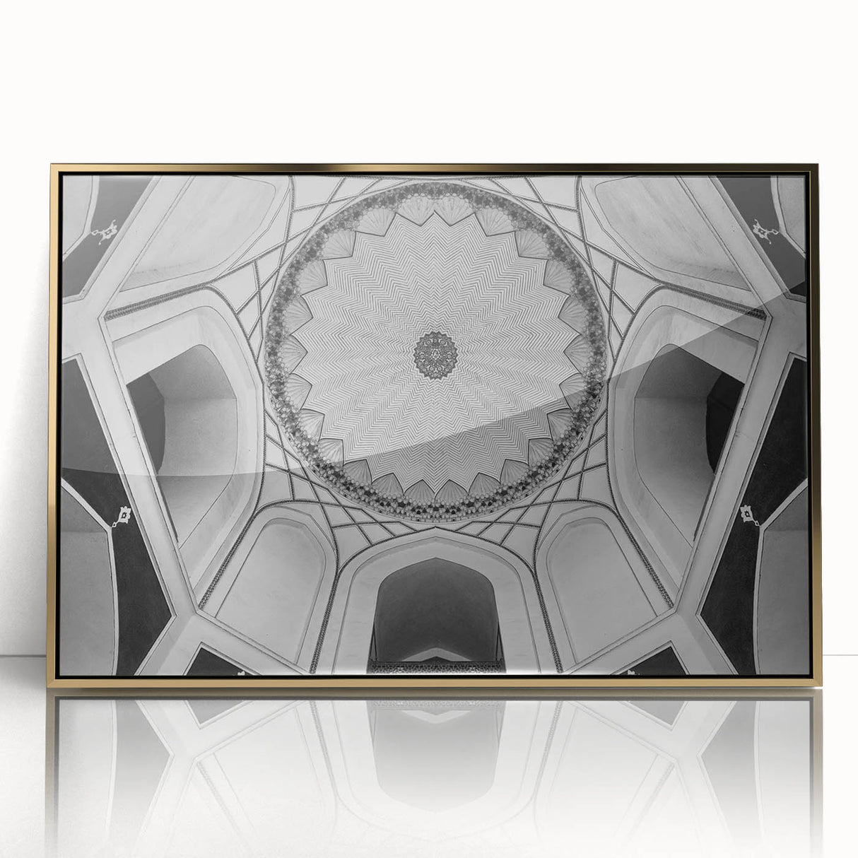 Mid-century modernist architecture with gold domes on a framed acrylic, ideal for modern art wall decor.