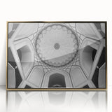 Mid-century modernist architecture with gold domes on a framed acrylic, ideal for modern art wall decor.