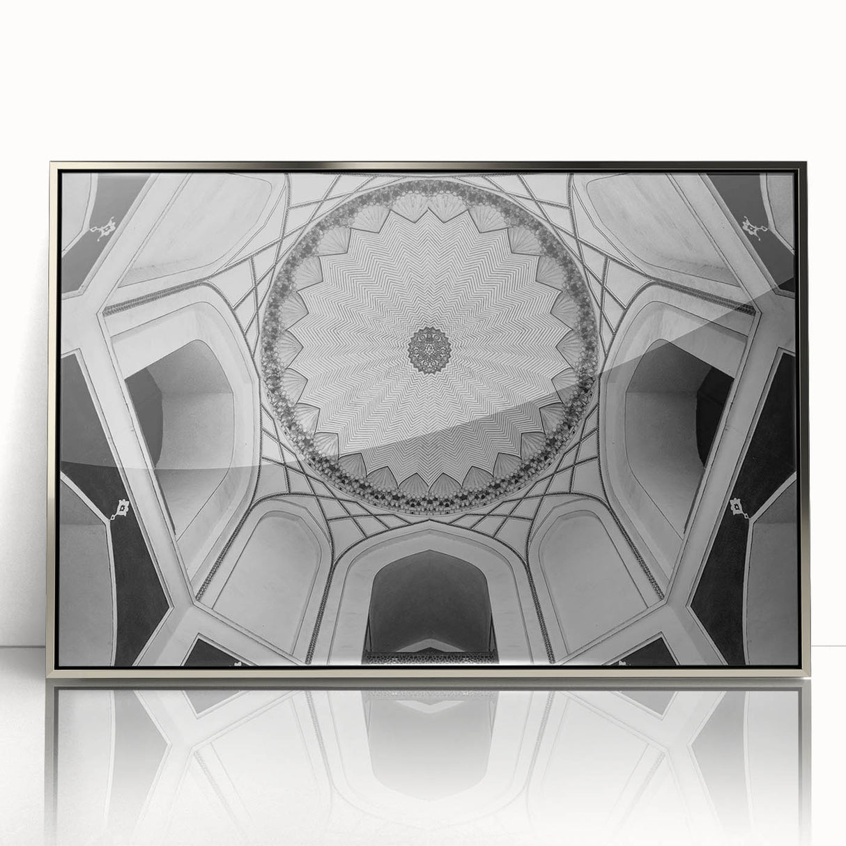 Mid-century modernist art depicting architectural domes in muted silver tones on a framed acrylic.