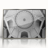 Mid-century modernist art depicting architectural domes in muted silver tones on a framed acrylic.