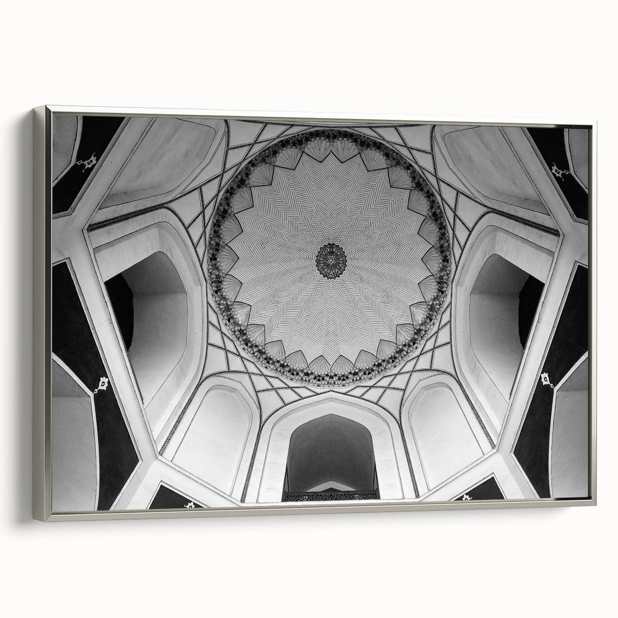 Framed canvas landscape art painting featuring vintage-styled colorful domes against a black background.