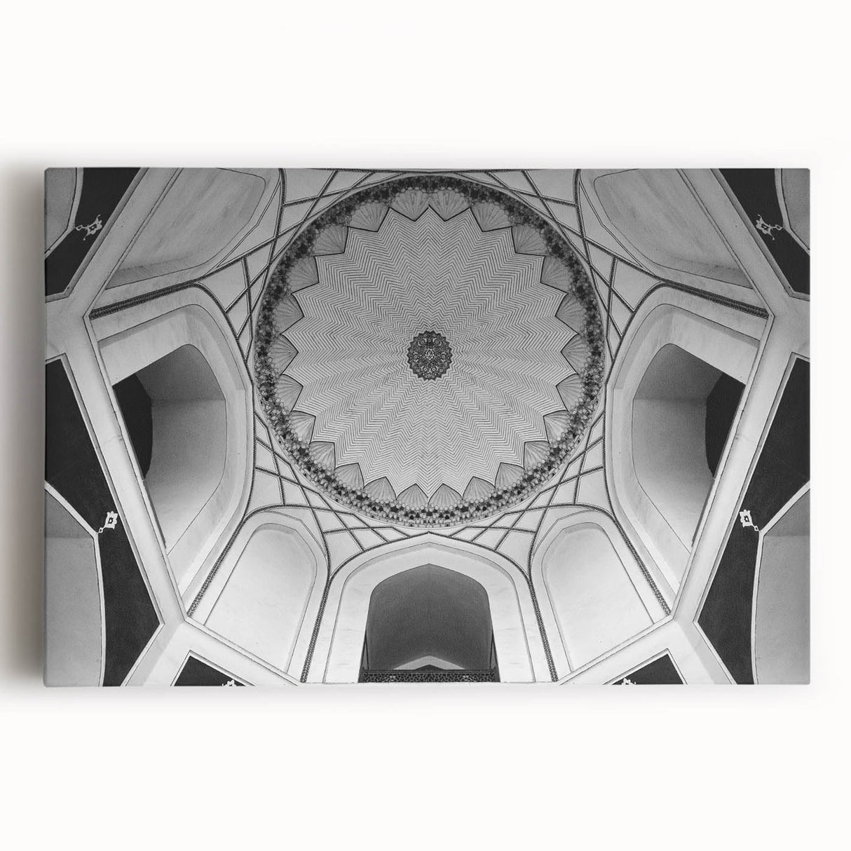 Black and white photo of architectural domes on stretched canvas, ideal for kitchen wall art.