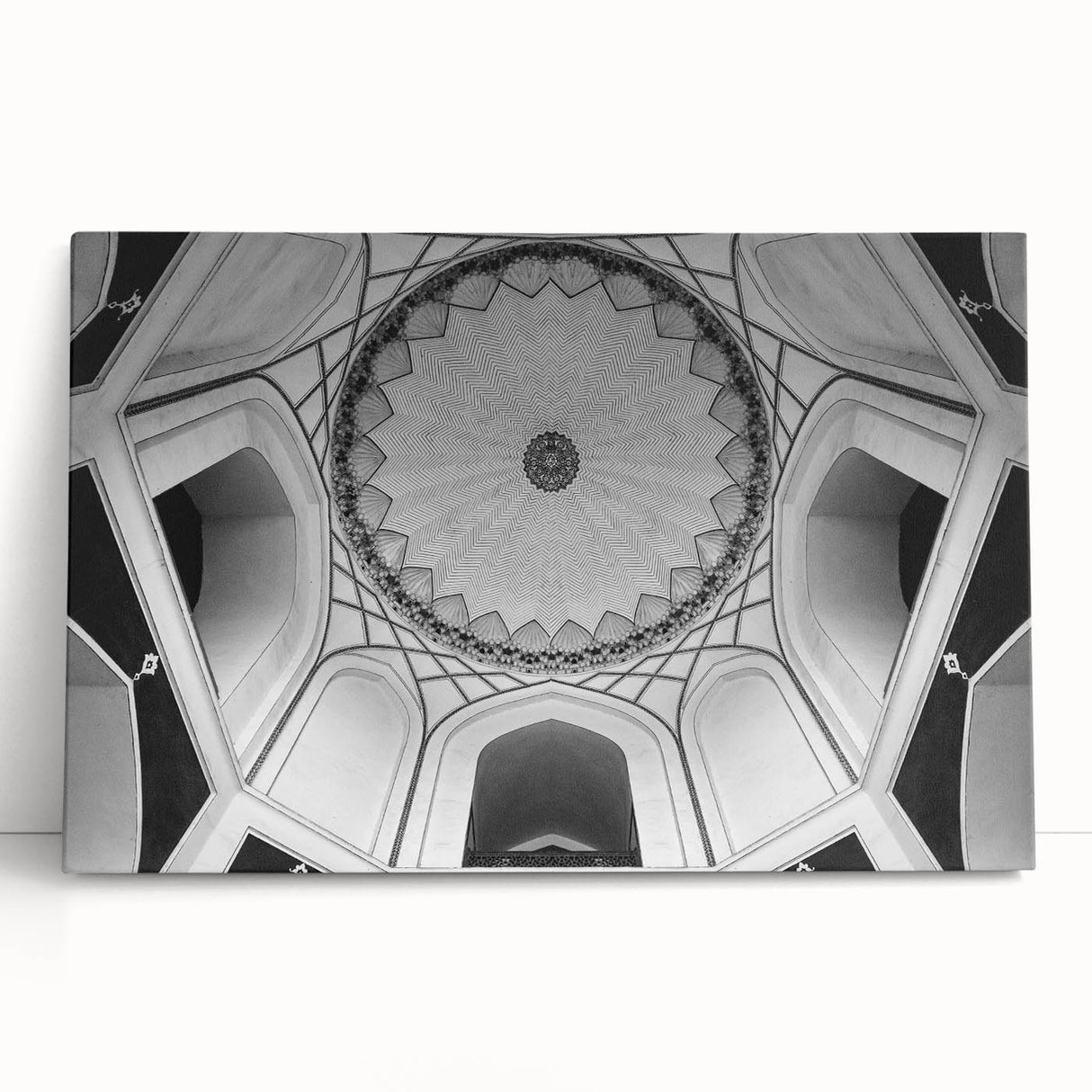 Black and white photograph of domed architectural structures on stretched canvas, suitable as large kitchen wall art.