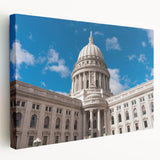 Large art print of architectural domes in muted gray and blue tones on stretched canvas, suitable for kitchen wall art.