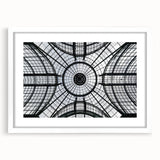 Abstract art print featuring geometric domes in muted gray tones on a white-framed canvas, suitable for dining room decor.