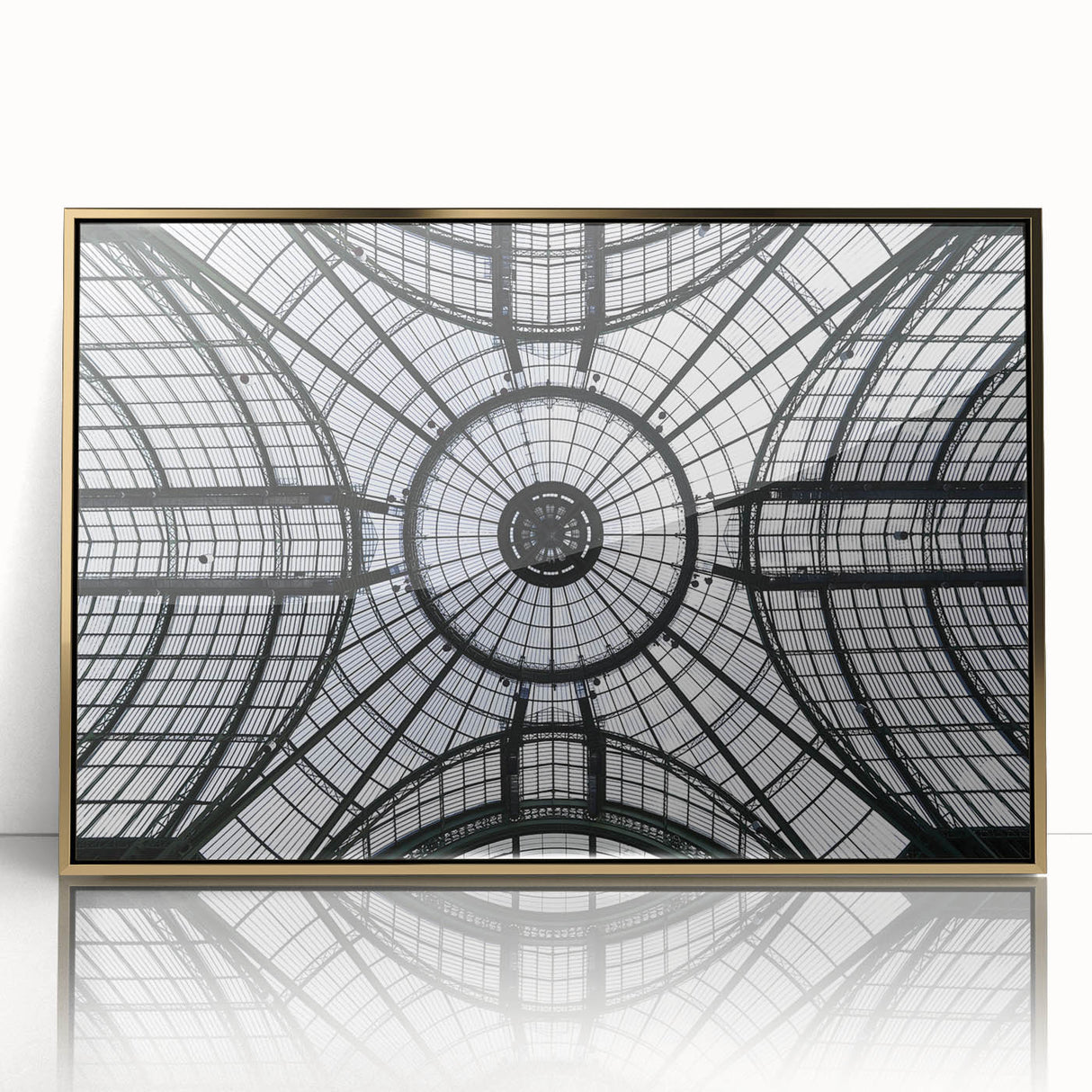 Mid-century modernist art of architectural domes in gold and white tones, acrylic print framed.