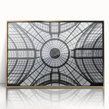 Mid-century modernist art of architectural domes in gold and white tones, acrylic print framed.