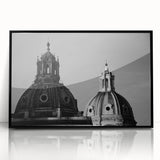 Large abstract wall art featuring mid-century modernist architecture with domes, in black acrylic frame.