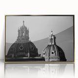 Mid-century modernist art of golden architectural domes on a large acrylic print, suitable for modern art wall decor.