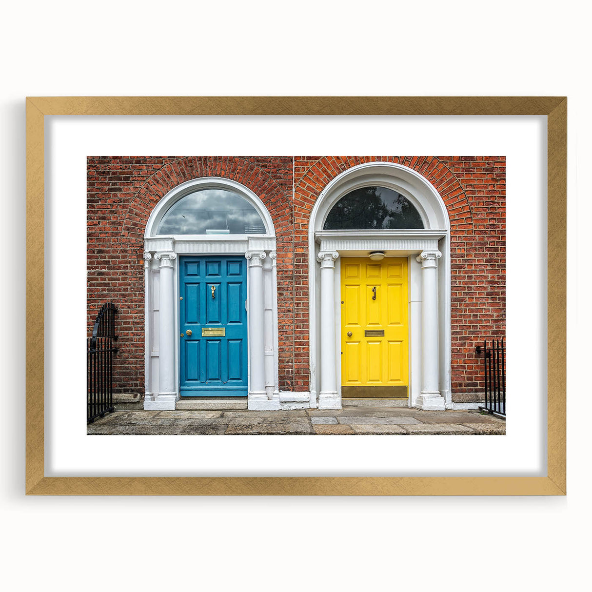 Textured art print of an abstract door design in gold and beige tones on a framed canvas, suitable for bedroom decor.