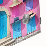 Mid-century modernist art featuring a large abstract print with vibrant hues on acrylic glass, ideal for dining room art.