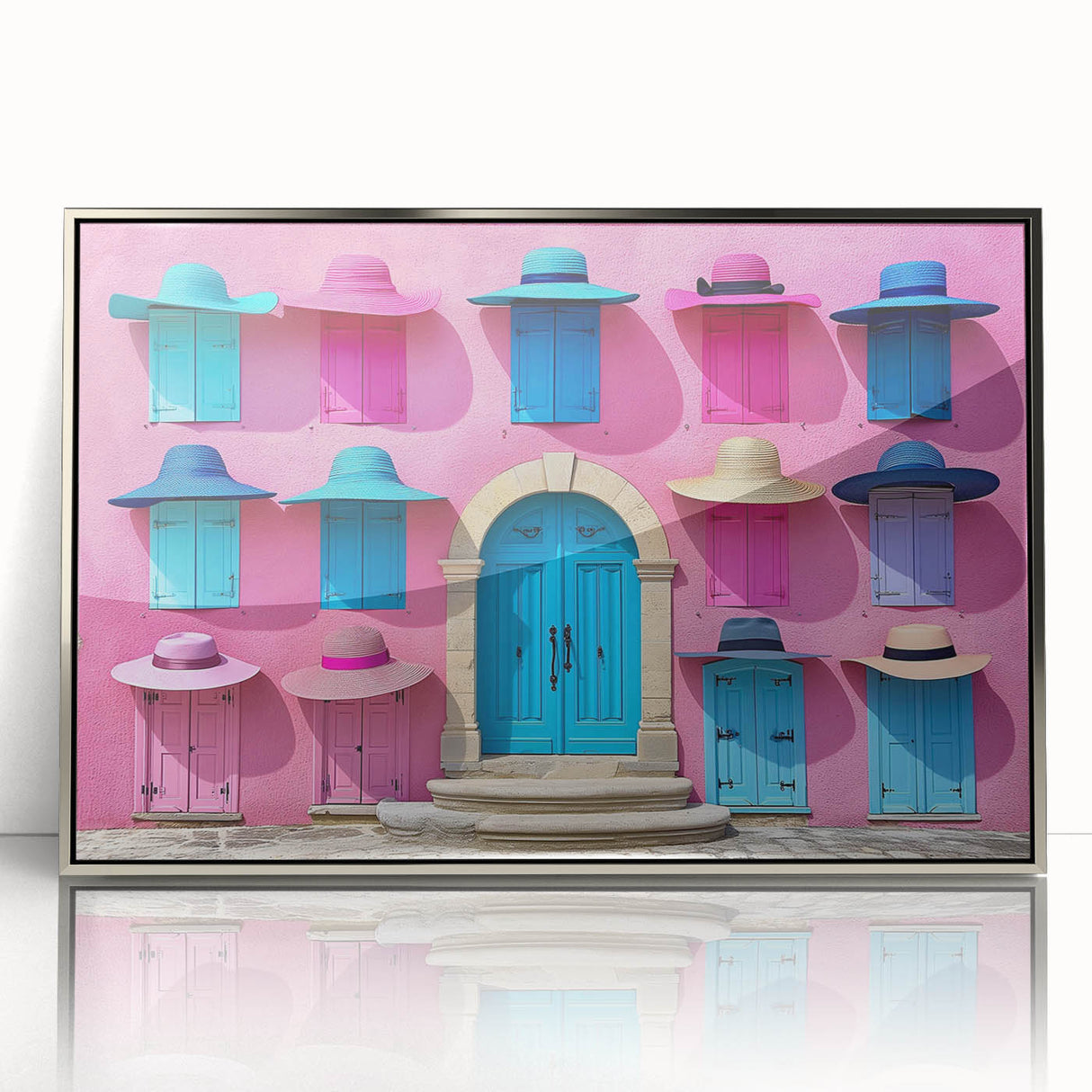 Art Deco poster of a stylized architecture door design in silver tones, acrylic framed, ideal for modern art wall decor.