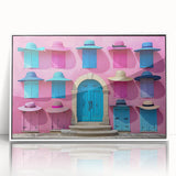 Mid-century modernist door design in white and gray tones, framed acrylic print, suitable for modern art wall decor.