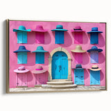 Framed canvas featuring a landscape art painting of a vintage door in gold, black, and vibrant colors.