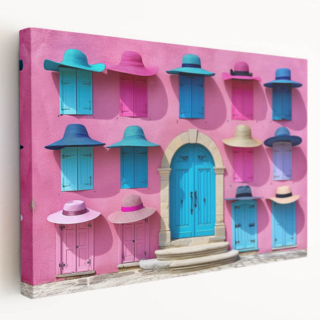 Side view of a large stretched canvas featuring a detailed architectural door design in neutral tones.