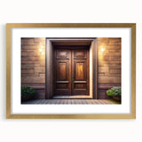 Textured abstract art print featuring a multidimensional door design in gold and beige tones, framed with a mat.