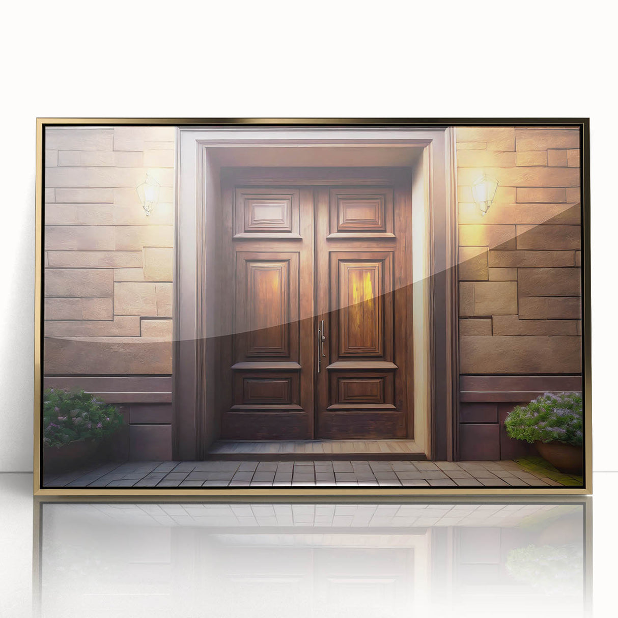 Mid-century modernist art deco door design in gold and black hues on a framed acrylic.