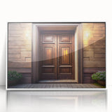 Mid-century modernist door design in black and white on a framed acrylic, ideal for modern art wall decor.