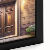 Close-up of a black framed canvas featuring a colorful, textured door design.