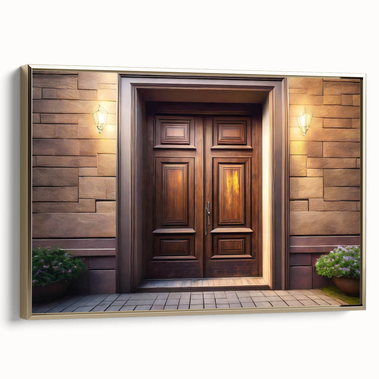 Framed canvas featuring a vintage poster of a colorful landscape painting with a black background.