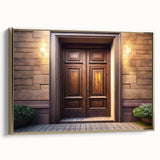 Framed canvas featuring a vintage poster of a colorful landscape painting with a black background.