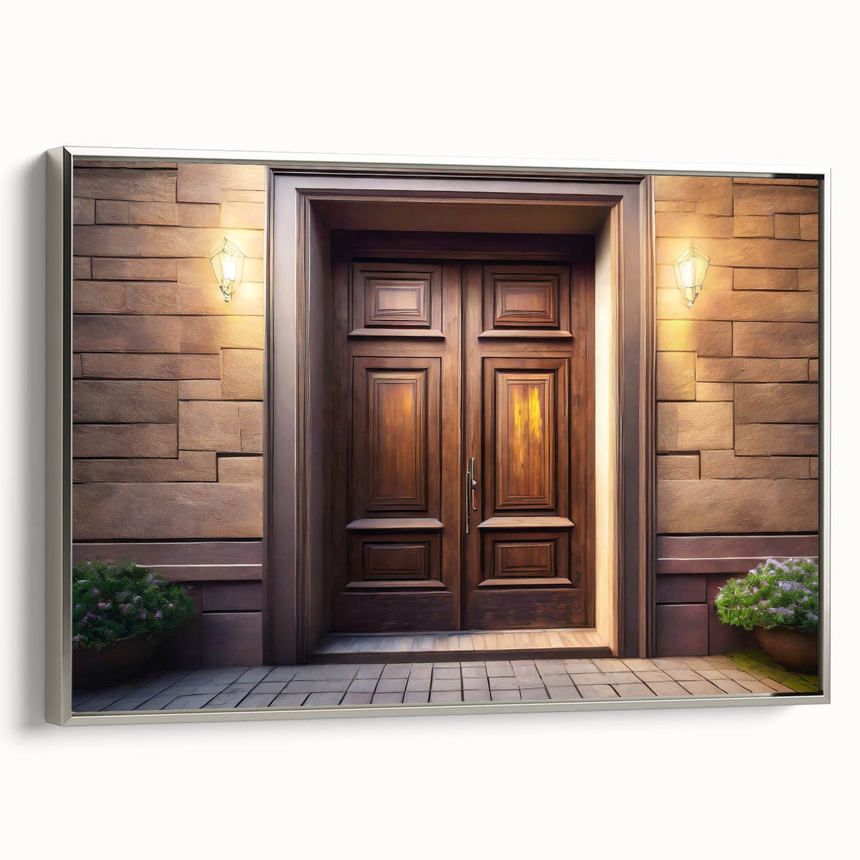 Vintage poster art of a colorful, ornate door on a black background, printed on extra large framed canvas.
