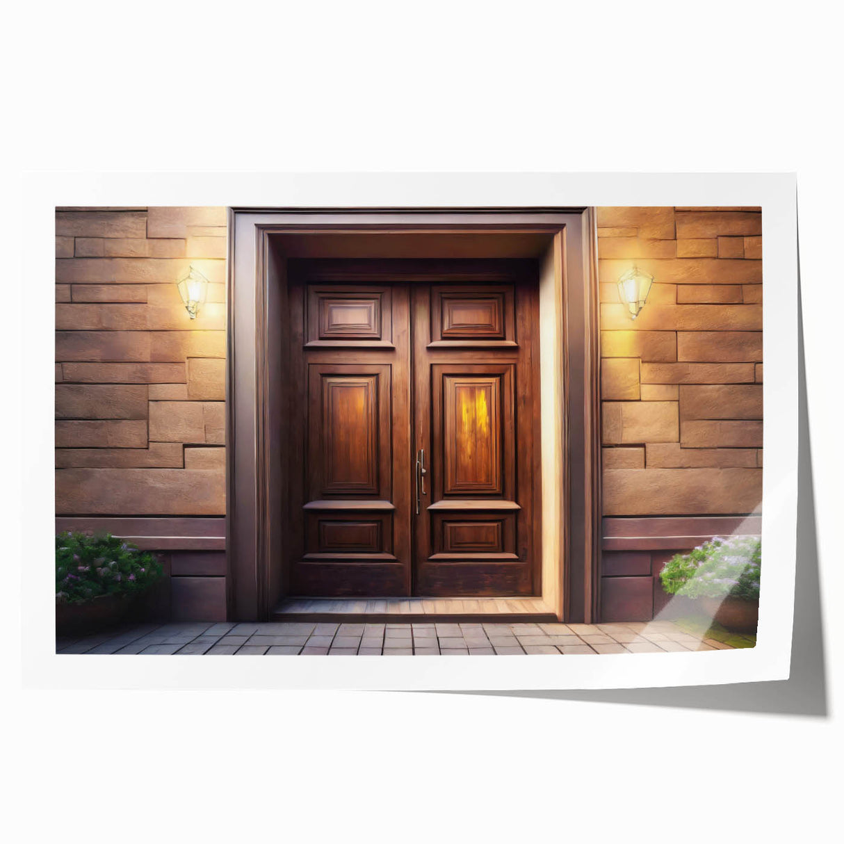 Extra large rolled print featuring a detailed floral design on a door, in muted earth tones.