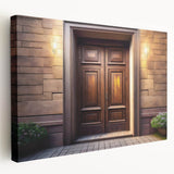 Side view of a stretched canvas featuring a detailed door architecture design in neutral tones, ideal for kitchen wall art.