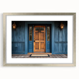 Abstract art print of intricate door designs in muted gray, framed in silver, ideal for dining room decor.