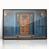 Large abstract wall art featuring black and white architectural door designs on a framed acrylic.