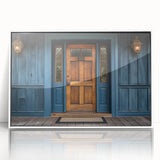 Mid-century modernist door design in black and white on acrylic, framed, ideal for modern art wall decor.