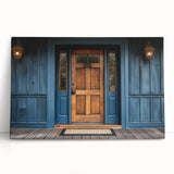 Black and white photograph of a detailed architectural door design on a large stretched canvas.