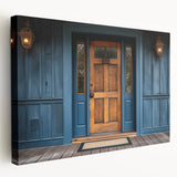 Large art depicting a vintage door design in muted earth tones on stretched canvas, ideal for kitchen wall art.