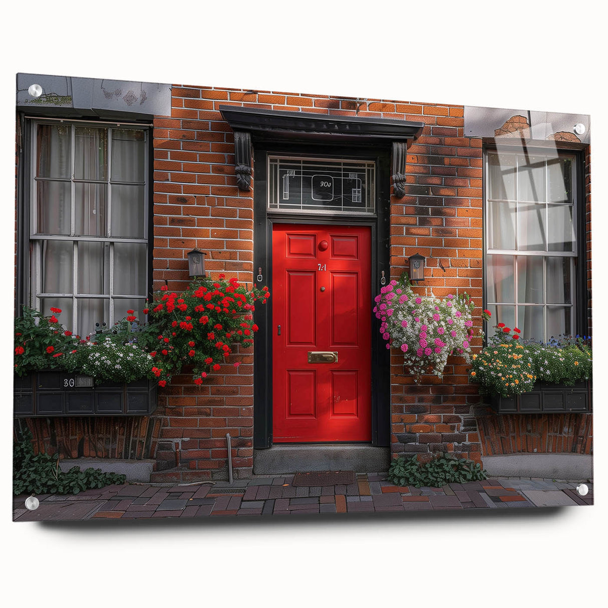 Large abstract wall art on acrylic glass depicting vibrant, multicolored door designs, ideal for modern dining room decor.