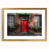 Textured abstract art print of a door design in gold frame, using muted earth tones, ideal for bedroom art.