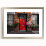 Abstract art print featuring geometric shapes in muted gray and silver tones, framed with a silver mat.