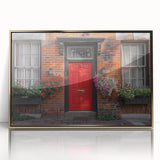 Mid-century modernist art featuring an acrylic print of a gold-framed door design in muted tones.