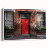 Framed canvas featuring a vintage poster of a black and white architectural door design, ideal for bedroom wall art.