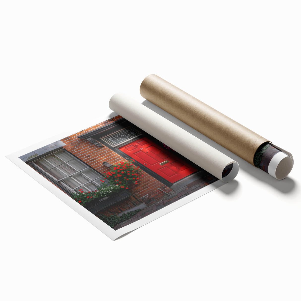 Extra large rolled print featuring a detailed floral art design on a door, in muted green and brown tones.