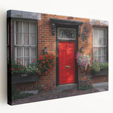 Side view of a large stretched canvas featuring a detailed architectural door design in neutral tones.