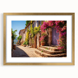 Textured abstract art print of a golden architectural door design on a framed canvas, ideal for bedroom art.